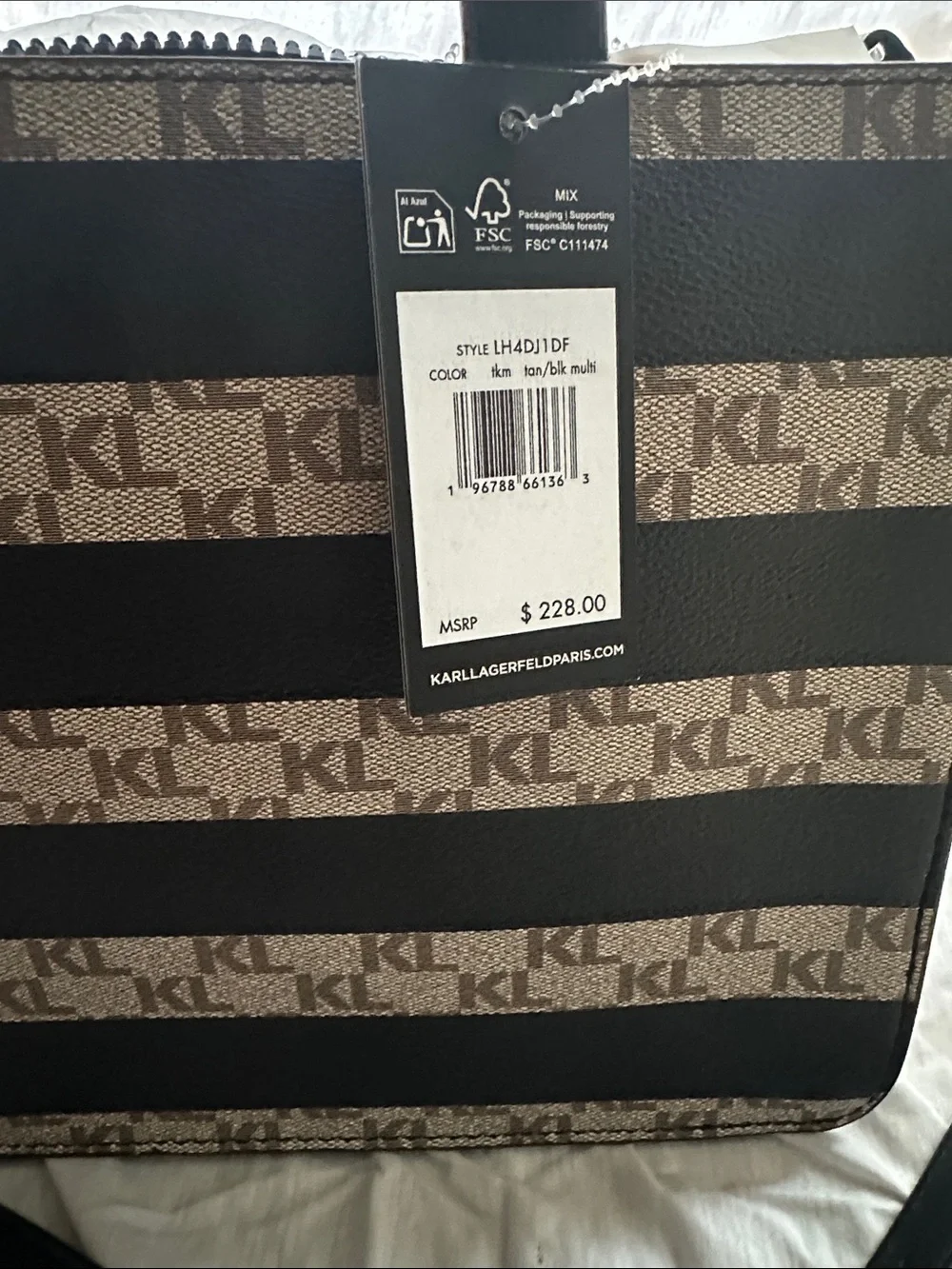 Karl Lagerfeld Black & Beige KL Logo Stripe Satchel with Character Patch